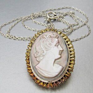 Vintage 1940s ITALY CAMEXCO Carved Shell CAMEO 800 Silver Pin Pendant Necklace